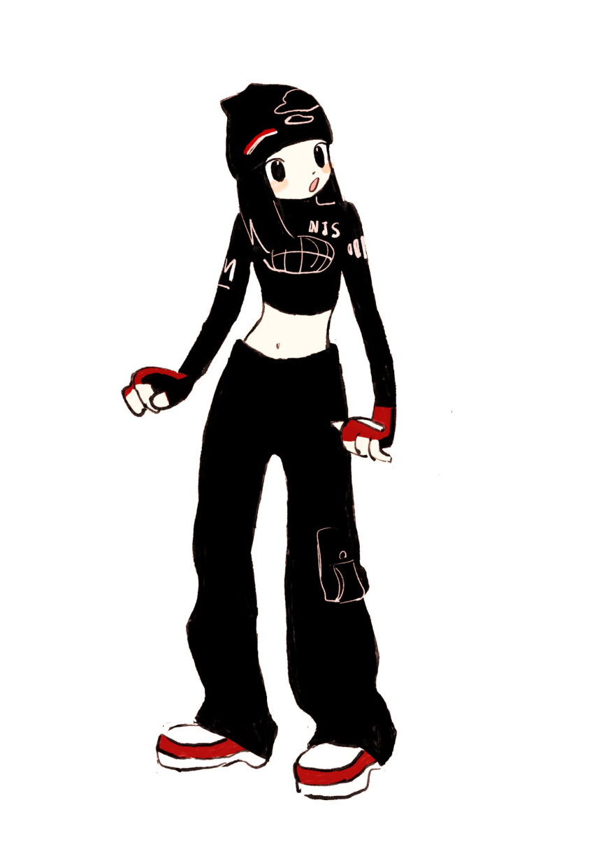 1girl :o black_hair black_hat black_pants black_shirt cargo_pants fingerless_gloves gloves hanni_(newjeans) hat highres iwashi_iwashimo k-pop looking_to_the_side midriff navel newjeans open_mouth pants real_life red_gloves shirt shoes simple_background sneakers solo white_background white_footwear