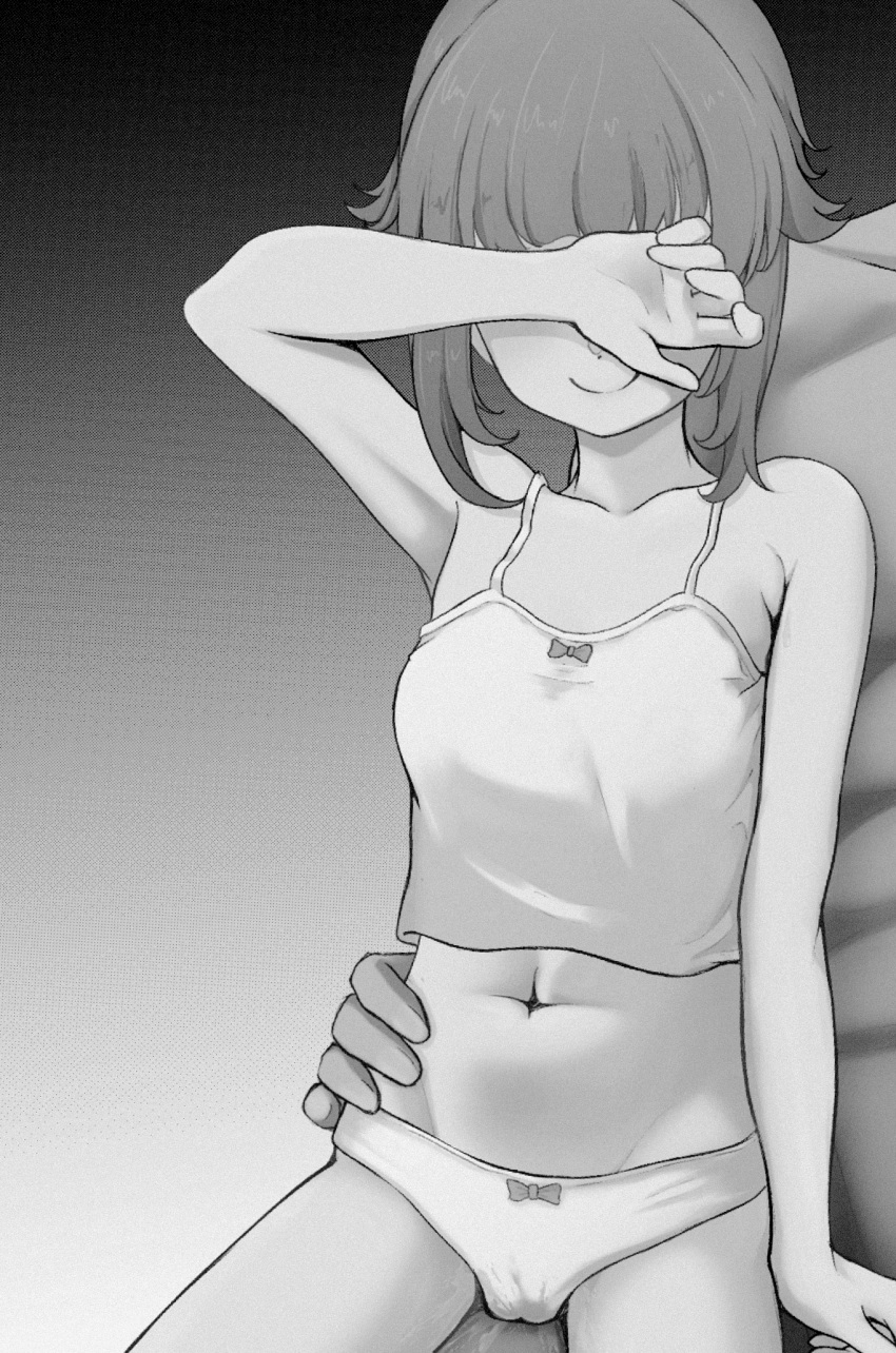 1boy 1girl armpit_crease aruhian breasts cameltoe camisole closed_mouth covering_face eyebrows_hidden_by_hair feet_out_of_frame greyscale hand_on_another's_waist highres midriff monochrome mushoku_tensei navel norn_greyrat out_of_frame panties pussy_juice_stain short_hair small_breasts smile underwear