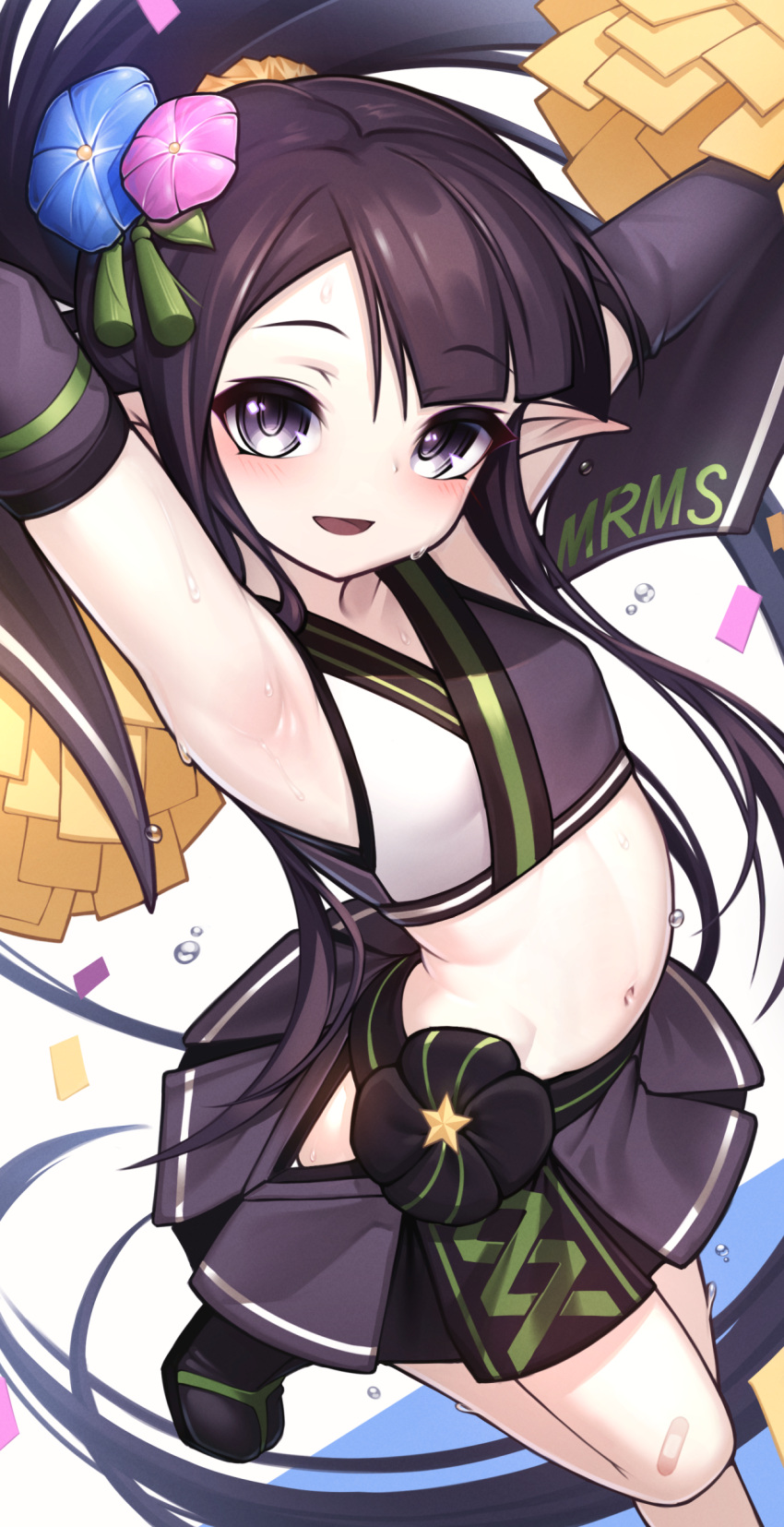 1girl absurdres armpits arms_up black_hair blush breasts cheerleader commentary_request commission crop_top flower hair_flower hair_ornament highres holding holding_pom_poms long_hair looking_at_viewer mitsukuni navel open_mouth pointy_ears pom_pom_(cheerleading) sen_no_rikyuu_(sengoku_bushouki_muramasa) sengoku_bushouki_muramasa skeb_commission skirt small_breasts smile solo sweat