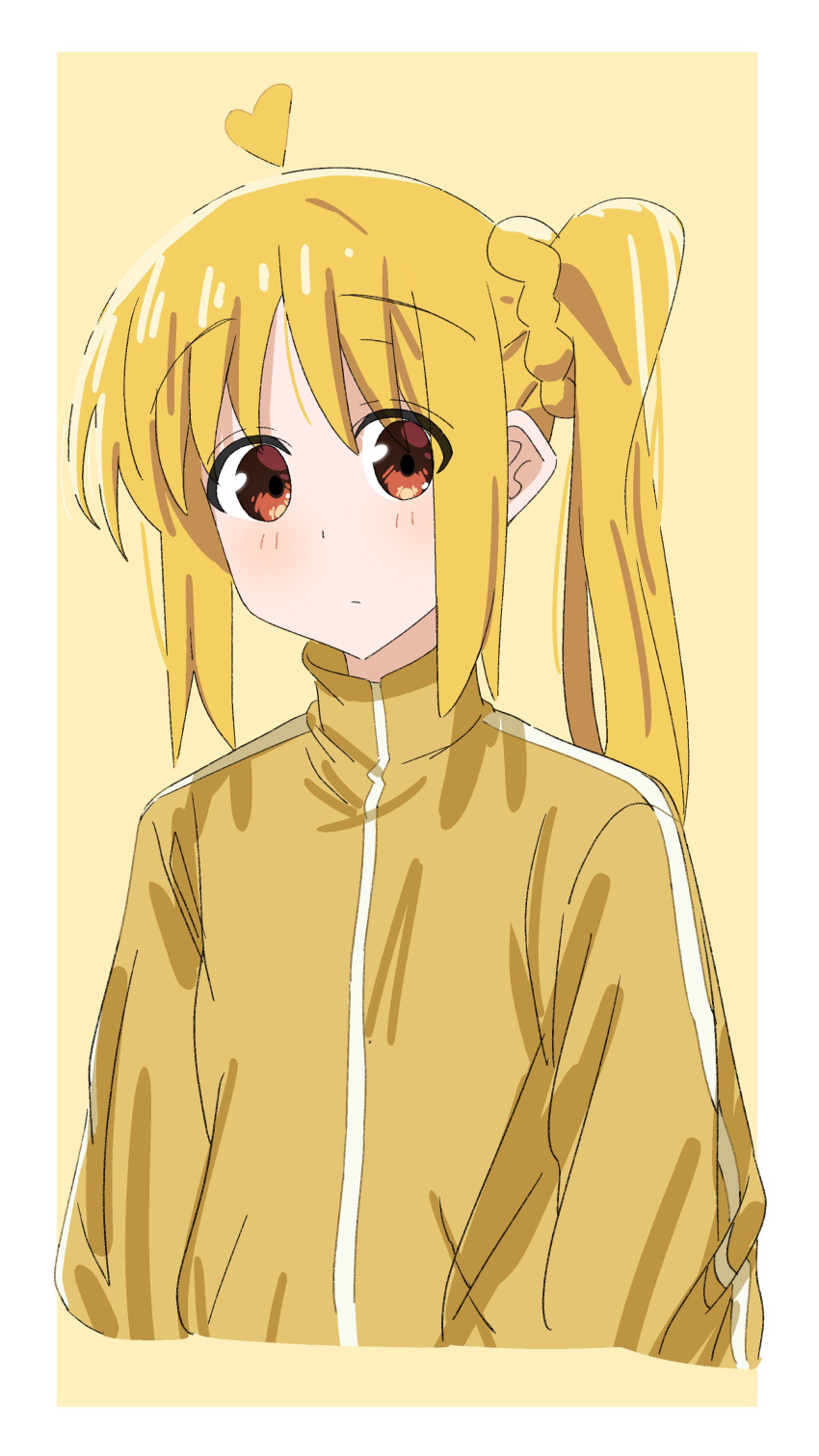 1girl absurdres blonde_hair blush bocchi_the_rock! commentary_request highres kita_ikuyo long_sleeves looking_at_viewer misokin shirt solo track_suit turtleneck yellow_shirt yellow_track_suit