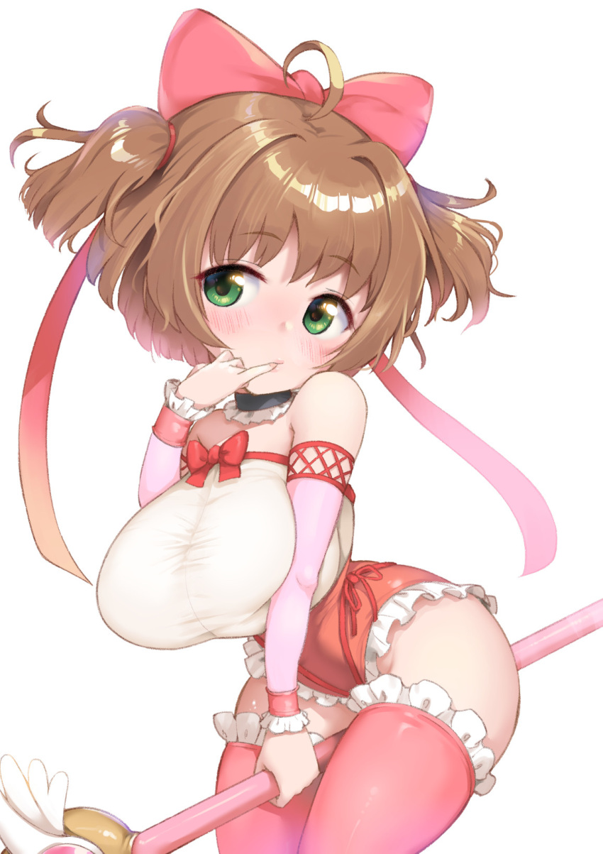 1girl alternate_breast_size antenna_hair ass between_thighs black_choker blush bow breasts brown_hair cardcaptor_sakura choker curvy dress finger_to_mouth frilled_choker frilled_leotard frilled_thighhighs frills green_eyes hair_bow highres huge_ass huge_breasts kinomoto_sakura leotard magical_girl oppai_loli pink_bow pink_thighhighs pinky_to_mouth short_hair shousan_bouzu solo thighhighs wand white_background