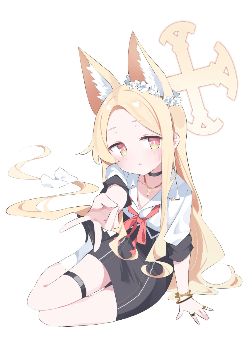 1girl absurdres animal_ear_fluff animal_ears black_choker black_footwear black_skirt blonde_hair blue_archive blush choker collared_shirt cosplay extra_ears fox_ears full_body gyaru gyaru_v halo highres jewelry kirara_(blue_archive) kirara_(blue_archive)_(cosplay) long_hair looking_at_viewer necklace parted_lips seia_(blue_archive) shirt shoes short_sleeves simple_background skirt socks solo suta0822 thigh_strap v white_background white_shirt white_socks yellow_eyes yellow_halo