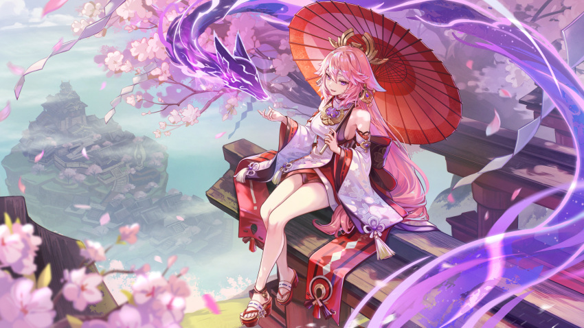 1girl animal_ears bare_shoulders breasts cherry_blossoms commentary_request detached_sleeves earrings falling_petals floppy_ears fox_ears genshin_impact hair_between_eyes hair_ornament highres holding holding_umbrella japanese_clothes jewelry kyusoukyu large_breasts long_hair long_sleeves looking_at_viewer nontraditional_miko oil-paper_umbrella okobo open_mouth outdoors pendant petals pink_hair purple_eyes sandals shirt sideboob sitting sleeveless sleeveless_shirt smile solo tree umbrella vision_(genshin_impact) white_shirt wide_sleeves yae_miko