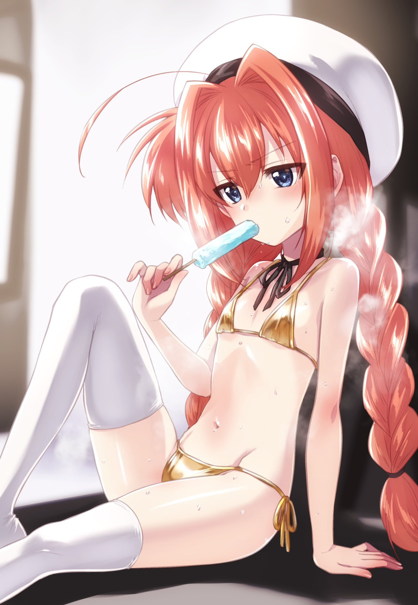 1girl ahoge bikini blue_eyes braid food gold_bikini hair_intakes hat highres kuroi_mimei lyrical_nanoha mahou_shoujo_lyrical_nanoha popsicle red_hair ribbon shadow side-tie_bikini_bottom sitting sweat swimsuit thighhighs tsurime twin_braids vita_(nanoha) white_thighhighs