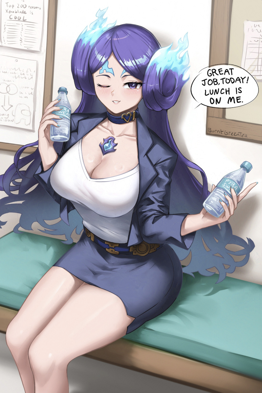 ;) among_us belt_collar black_jacket black_skirt bottle breasts brighid_(xenoblade) burnt_green_tea cleavage collar core_crystal_(xenoblade) english_commentary english_text fiery_hair highres indoors jacket large_breasts long_hair looking_at_viewer office_lady on_bench one_eye_closed open_clothes open_jacket parted_bangs parted_lips pencil_skirt purple_hair shirt sitting skirt smile speech_bubble twitter_username water_bottle white_shirt xenoblade_chronicles_(series) xenoblade_chronicles_2