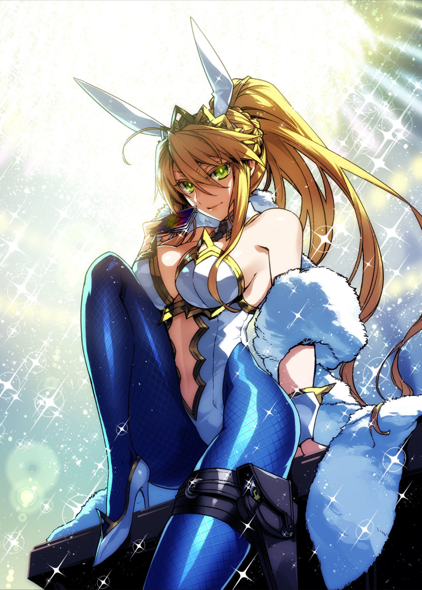 1girl ahoge animal_ears armored_leotard artoria_pendragon_(all) artoria_pendragon_(swimsuit_ruler)_(fate) blue_legwear breasts bunny_ears bunnysuit card cleavage crown detached_collar fate/grand_order fate_(series) feather_boa fishnet_legwear fishnets green_eyes hair_between_eyes high_heels highres holding holding_card holster impossible_clothes impossible_leotard ishida_akira leg_up leotard long_hair necktie pantyhose playing_card plunging_neckline ponytail solo sparkle_background stiletto_heels stomach textless thigh_holster white_footwear white_leotard wrist_cuffs