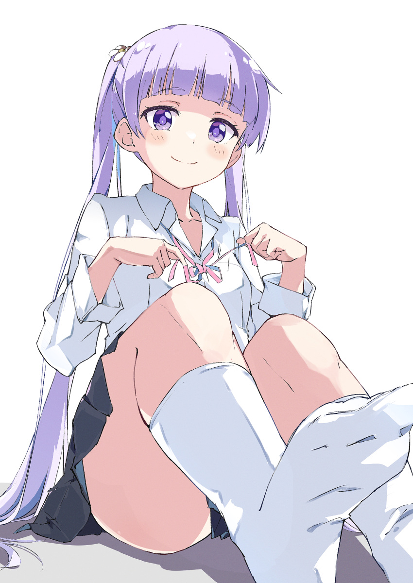 1girl absurdres blunt_bangs blush closed_mouth collarbone collared_shirt commentary_request dress_shirt feet foot_out_of_frame grey_skirt hair_ornament highres long_hair looking_at_viewer miniskirt neck_ribbon new_game! no_shoes pink_ribbon pleated_skirt purple_eyes purple_hair rauto ribbon shirt simple_background sitting skirt smile socks soles solo suzukaze_aoba twintails very_long_hair white_background white_shirt white_socks wing_collar