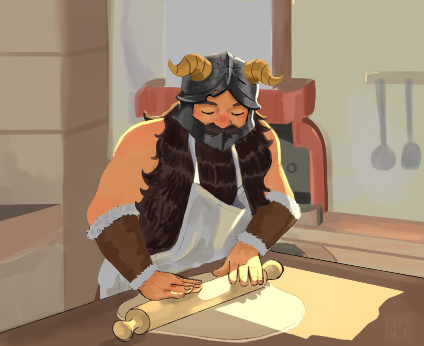 1boy apron beard blush closed_eyes contemporary cooking cowboy_shot dough dungeon_meshi dwarf facial_hair fake_horns helmet highres horned_helmet horns indoors kitchen long_beard m00narca male_focus nose_blush senshi_(dungeon_meshi) solo sunlight thick_mustache very_long_beard white_apron