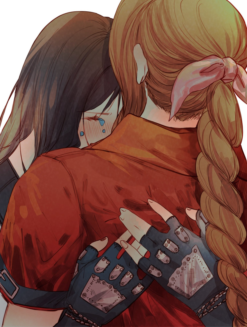 2girls aerith_gainsborough arms_around_back black_gloves blush braid braided_ponytail brown_hair closed_eyes crying final_fantasy final_fantasy_vii final_fantasy_vii_rebirth final_fantasy_vii_remake fingerless_gloves gloves hair_ribbon highres hug jacket long_hair multiple_girls pink_ribbon red_jacket ribbon sera_(serappi) short_sleeves sidelocks single_braid suspenders tears tifa_lockhart upper_body white_background