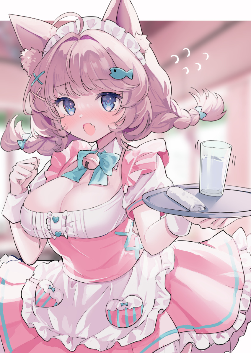 1girl :o absurdres ahoge animal_ear_fluff animal_ears apron aqua_bow aqua_bowtie bell blue_eyes blurry blurry_background blush bow bowtie braid breasts brown_hair buttons cat_ears center_frills cleavage collar cowboy_shot cup detached_collar dress drink drinking_glass eyelashes fang fish_hair_ornament floating_hair flustered flying_sweatdrops frilled_apron frilled_dress frills hair_bow hair_intakes hair_ornament hand_up hands_up heart_button highres holding holding_tray jingle_bell karunabaru looking_at_viewer low_twin_braids maid medium_breasts medium_hair neck_bell nose_blush open_mouth original short_sleeves skin_fang solo swept_bangs tray twin_braids two-tone_dress water white_collar white_wrist_cuffs wrist_cuffs x_hair_ornament