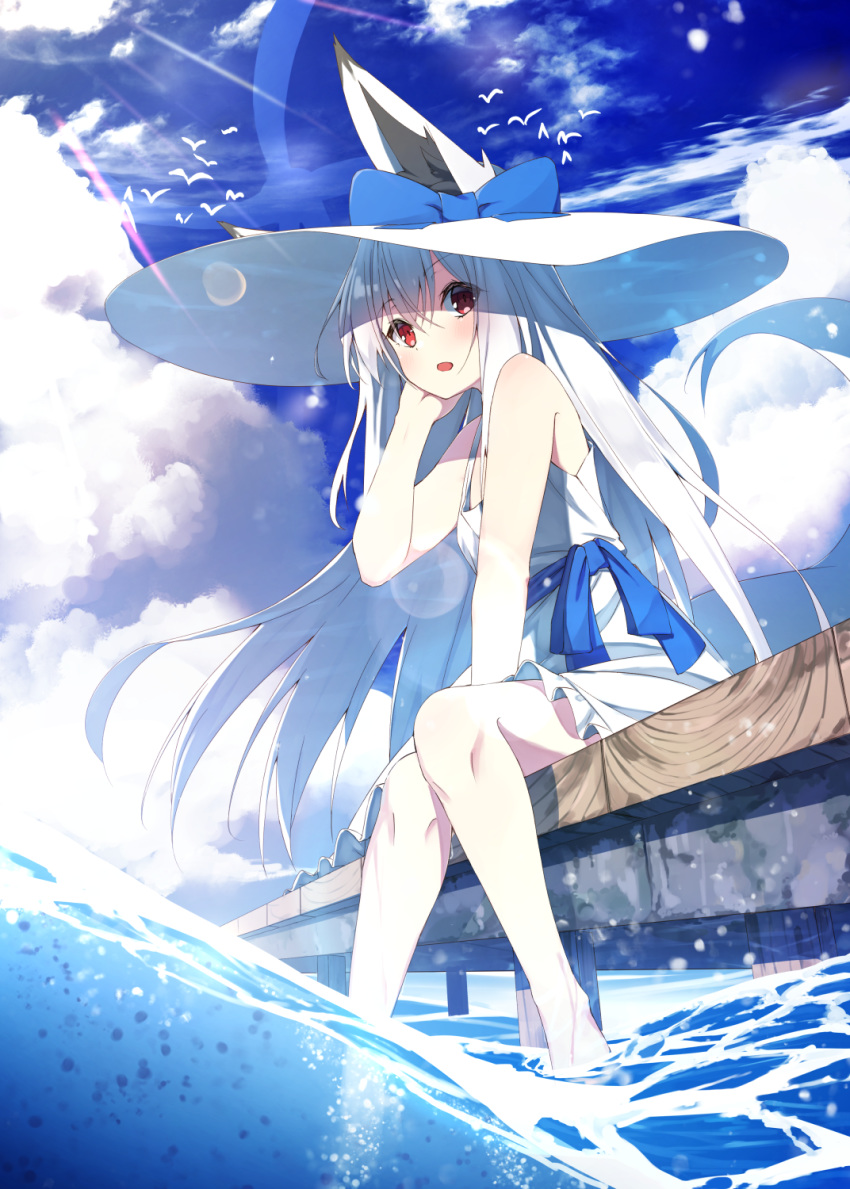 1girl animal_ear_fluff animal_ears bird blue_sky cloud day dress fox_ears fox_girl fox_tail hat highres long_hair original outdoors pier red_eyes shiro_youduki sitting sky sleeveless sleeveless_dress soaking_feet solo sun_hat sundress tail water white_dress white_hair white_headwear