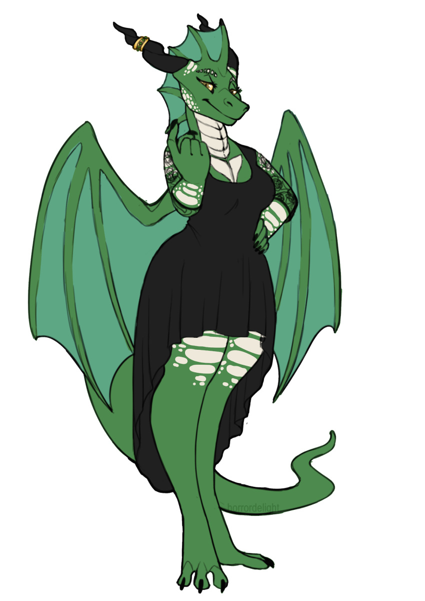 anthro beckoning black_clothing black_dress black_horn clothing dragon dress ethelshai female frill_(anatomy) gesture green_body green_scales head_crest head_frill hi_res horn horrordelight knucklebone looking_at_viewer membrane_(anatomy) membranous_wings scales smiling_at_viewer solo suggestive suggestive_gesture suggestive_look white_body white_scales wide_hips wings