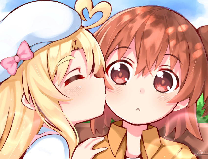 2girls :o ahoge bangs blonde_hair blush bow brown_hair casual cheek_kiss child closed_eyes collared_shirt eyebrows_visible_through_hair hand_on_another's_shoulder hat hat_bow heart_ahoge himesaka_noa hoshino_hinata kiss long_hair medium_hair multiple_girls orange_shirt pink_bow portrait red_eyes shirt side_ponytail signature thick_eyebrows usagi_koushaku watashi_ni_tenshi_ga_maiorita! white_headwear white_shirt yuri