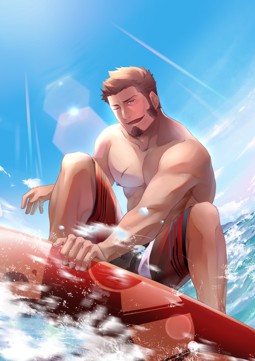 1boy abs absurdres alternate_costume bara blue_eyes brown_hair chest facial_hair fate/grand_order fate_(series) goatee highres icelernd male_focus male_swimwear muscle napoleon_bonaparte_(fate/grand_order) pectorals scar shirtless sideburns smile solo summer surfing swim_trunks swimwear water