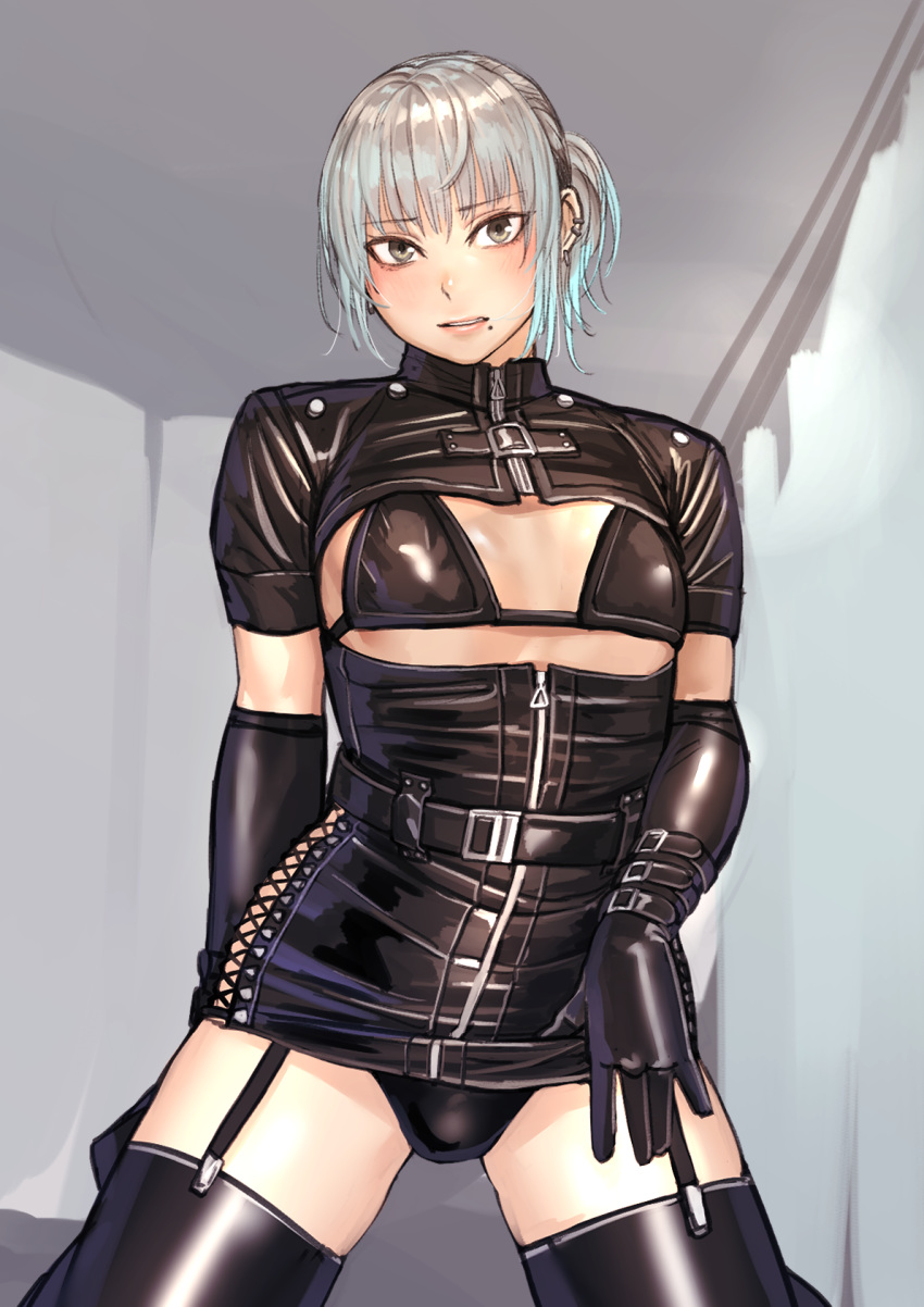 1boy black_legwear blonde_hair bodysuit earrings garter_straps grey_eyes highres jewelry kilye_4421 latex_bodysuit mole mole_under_mouth original otoko_no_ko siki skin_tight thighhighs