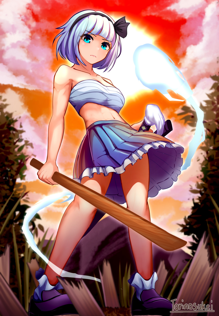 1girl abs alternate_color ankle_socks aqua_eyes artist_name bangs bare_arms black_footwear blue_skirt blunt_bangs bokken breasts cloud collarbone commentary_request contrapposto day debris eyebrows_visible_through_hair from_below frown full_body hair_ribbon highres konpaku_youmu konpaku_youmu_(ghost) large_breasts leaning_back loafers looking_at_viewer midriff navel no_shirt outdoors petticoat pleated_skirt red_sky ribbon sarashi serious shoes short_hair silver_hair skirt sky solo standing summer sun sunset sword toned torinosuke touhou tree weapon white_legwear wind wind_lift wooden_sword