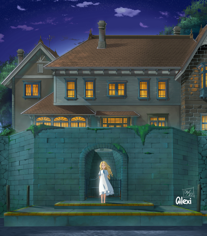 1girl absurdres alexi_ansell artist_name blonde_hair blue_eyes cloud commentary dated dock dress highres house long_hair looking_at_viewer marnie night omoide_no_marnie sky solo standing star_(sky) starry_sky studio_ghibli water white_dress