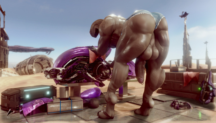 alien alien_humanoid balls bent_over big_balls big_butt big_penis bottomwear butt clothing day genital_piercing genitals halo_(series) hi_res humanoid male microsoft moreuselesssource muscular muscular_humanoid muscular_male outside penis penis_piercing piercing sand sangheili shorts solo video_games xbox_game_studios