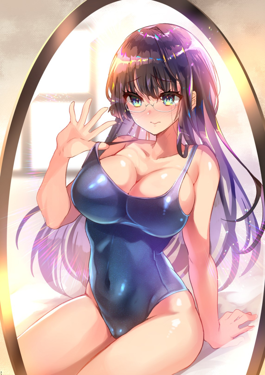 1girl black_hair blue_swimsuit breasts cameltoe cleavage collarbone commentary_request competition_school_swimsuit covered_navel green_eyes highres large_breasts mirror original shimaji sitting solo strap_gap swimsuit window