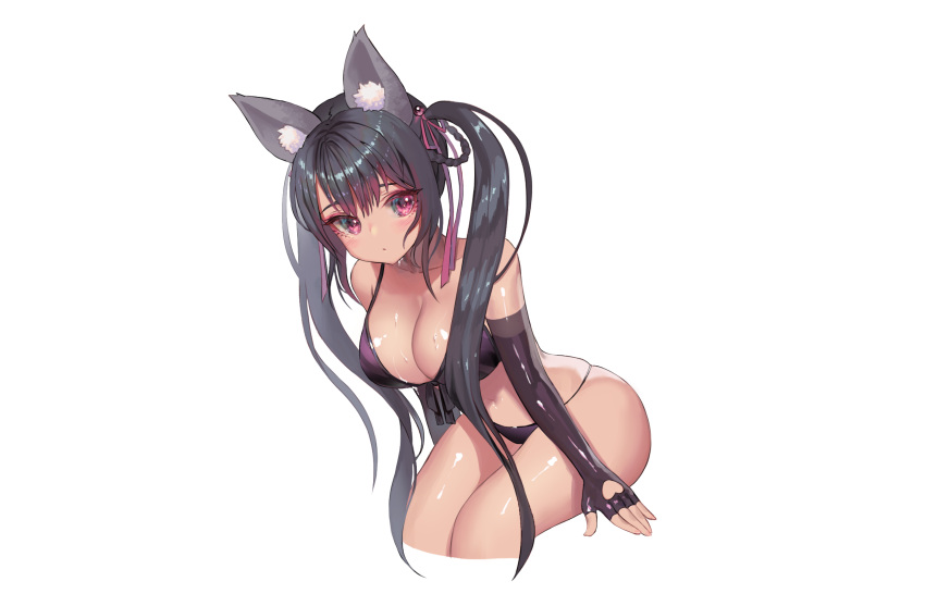 animal_ears anni_(destiny_child) bikini black_hair blush breasts cleavage destiny_child elbow_gloves foxgirl gloves long_hair pink_eyes ribbons swimsuit tokkihouse twintails white