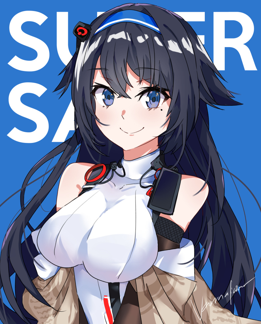 1girl bare_shoulders black_hair blue_eyes breasts girls_frontline hair_flaps headband highres long_hair looking_at_viewer medium_breasts mod3_(girls_frontline) mole mole_under_eye off-shoulder_jacket smile solo super_sass_(girls_frontline) vanna very_long_hair