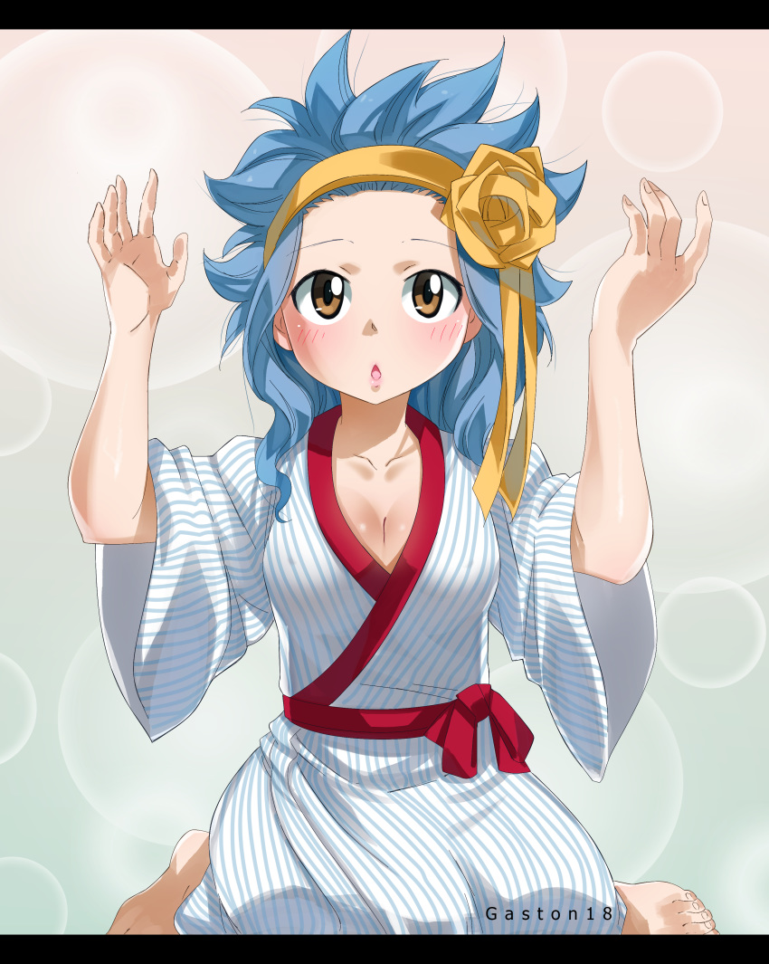 1girl absurdres artist_name barefoot blue_hair breasts brown_eyes chestnut_mouth cleavage collarbone fairy_tail flower gaston18 grey_background hair_flower hair_ornament hair_ribbon hairband highres japanese_clothes kimono long_hair looking_up mashima_hiro open_mouth ribbon shiny shiny_skin sitting small_breasts solo striped vertical_stripes wariza white_kimono wide_sleeves yellow_flower yellow_hairband yellow_ribbon