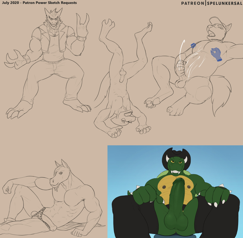 2020 3_toes 4_fingers 4_toes 5_fingers abs anatomically_correct anatomically_correct_genitalia anatomically_correct_penis animal_genitalia animal_penis anthro arm_support balls barefoot barely_contained baseball_cap biceps biped black_eyes blue_sky bodily_fluids bottomwear bowser bracelet canid canine canis claws clothed clothing cowboy_hat crossdressing cum cum_on_hand cum_on_self cum_on_stomach cumshot devil_horns_(gesture) digital_media_(artwork) disembodied_hand ear_piercing ear_ring ejaculation english_text equid equine equine_penis erection eyebrows eyes_closed eyewear fangs fin finger_claws fingers fish footwear foreskin fully_clothed gengar genital_fluids genitals gesture glans glasses green_balls green_body green_glans green_nipples green_penis green_scales green_tail grey_background greyscale grin group hair hat hat_only head_fin headgear headgear_only headwear headwear_only hi_res holding_penis horn horse humanoid_genitalia humanoid_penis jewelry king_koopa koopa looking_at_viewer male mammal marine mario_bros masturbation medial_ring monochrome mostly_nude multicolored_body multicolored_scales muscular muscular_anthro muscular_male navel nintendo nipple_fetish nipple_pinch nipple_play nipples nude open_mouth outside panties pants pecs penile penile_masturbation penis piercing pinch pinup pok&eacute;mon pok&eacute;mon_(species) pose reclining scales scalie shark sharp_teeth shirt shoes simple_background sketch sketch_page sky smile spelunker_sal spiked_bracelet spikes standing studded_bracelet teeth text tight_clothing tight_shirt tight_topwear toe_claws toes topless topwear two_tone_body two_tone_scales uncut underwear upside_down vein veiny_penis vest video_games white_claws white_horn wolf yellow_body yellow_scales yellow_sclera