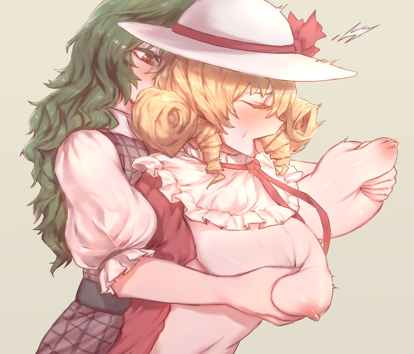 2girls absurdres beige_background blonde_hair blush bow breast_grab breast_massage breasts breasts_outside closed_eyes collar collared_dress curly_hair drill_hair elly frilled_collar frills grabbing grabbing_from_behind green_hair hat hat_bow highres huge_filesize kazami_yuuka large_breasts long_hair medium_hair moaning multiple_girls nipples open_clothes open_mouth plaid plaid_vest red_eyes senmuts simple_background straight_hair sweat tongue tongue_out touhou touhou_(pc-98) upper_body vest yuri