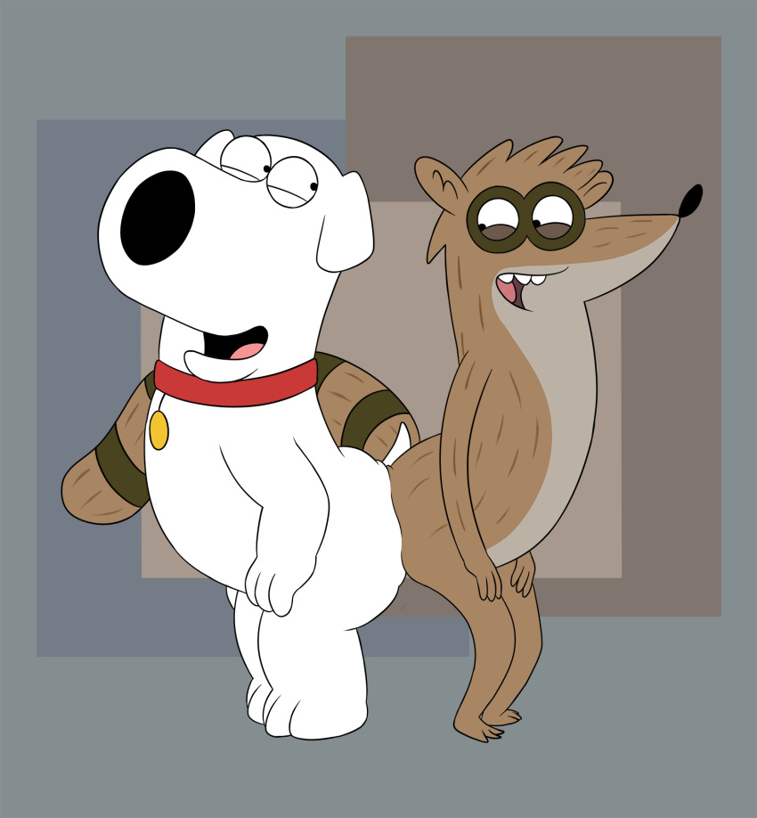 2020 anthro big_butt brian_griffin brown_body brown_fur butt butt_press canid canine canis cartoon_network collar domestic_dog duo family_guy full-length_portrait fur hands_on_knees happy hi_res looking_at_another magzol male mammal portrait procyonid raccoon regular_show rigby_(regular_show) smile white_body white_fur