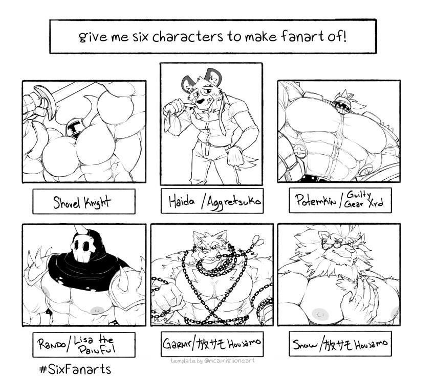 abs absurd_res aggressive_retsuko anthro body_hair canid canine canis clothing domestic_dog felid flammars garmr group guilty_gear haida hi_res human hyaenid lion lisa_the_painful male mammal mask meme monochrome muscular muscular_anthro muscular_human muscular_male pantherine pecs potemkin_(guilty_gear) sanrio shovel_knight shovel_knight_(character) six_fanarts_challenge skull_mask snow_(tas) spotted_hyena tokyo_afterschool_summoners video_games yacht_club_games yongdasom