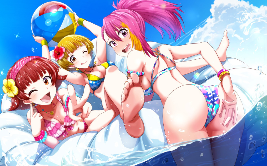 3girls arched_back arm_behind_back arms_up ass ball bangs bare_shoulders barefoot beachball bikini blonde_hair blue_bikini blue_sky blunt_bangs blush breasts closed_mouth cloud day earrings embarrassed eyelashes feet floral_print flower foreshortening from_behind fukuda_noriko hair_flower hair_ornament hairband hibiscus high_ponytail highres holding holding_ball holding_beachball idolmaster idolmaster_million_live! jewelry large_breasts leaning_forward looking_at_viewer looking_back lying maihama_ayumu multicolored_hair multiple_girls necklace nonohara_akane on_side one_eye_closed open_mouth orange_eyes outdoors outstretched_arm pink_bikini pink_hair pointing pointing_at_self purple_eyes raised_eyebrows red_flower red_hair run_p_(aveton) scrunchie short_hair sky smile soles sparkle star_(symbol) star_earrings streaked_hair swimsuit thighs upper_teeth v wading water wrist_scrunchie wristband yellow_flower