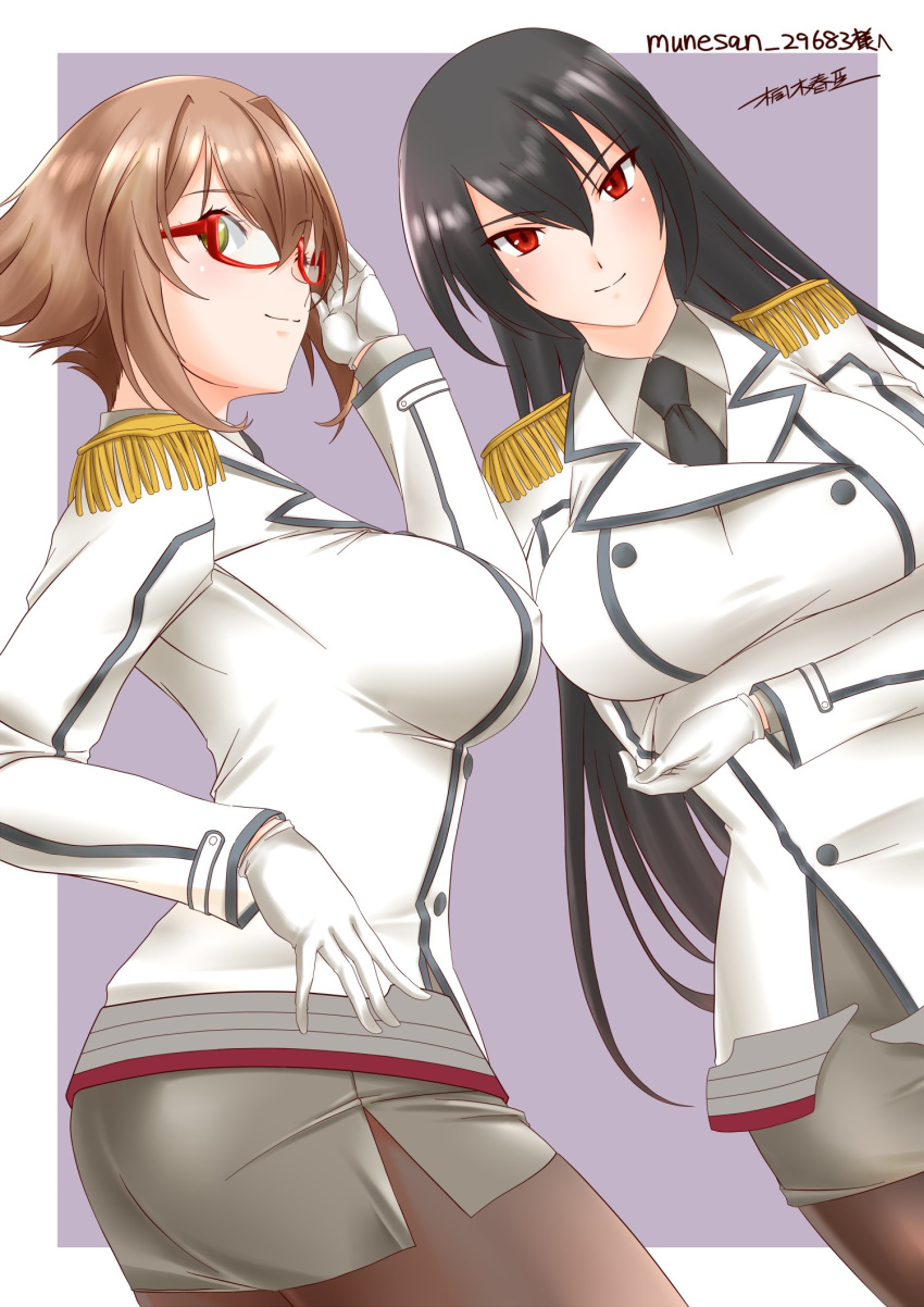 2girls artist_name black_hair black_neckwear brown_hair brown_legwear collared_shirt commentary_request cosplay crossed_arms double-breasted epaulettes glasses gloves grey_skirt highres jacket kantai_collection katori_(kantai_collection) katori_(kantai_collection)_(cosplay) kiriki_haruomi long_hair looking_at_viewer military military_uniform multiple_girls mutsu_(kantai_collection) nagato_(kantai_collection) necktie pantyhose pencil_skirt red-framed_eyewear red_eyes riding_crop shirt short_hair signature skirt uniform white_gloves