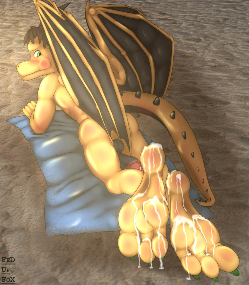 3_toes anthro balls beach big_feet big_penis blush brown_hair claws dragon fedupfox feet foot_focus genitals hair hi_res lying male male/male on_front penis reptile sand scalie seaside solo spikes toe_claws toes towel wings yellow_body