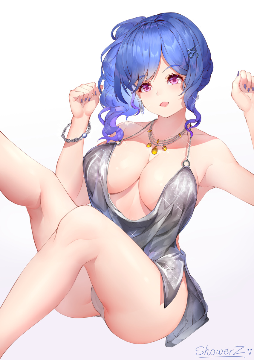 1girl artist_name azur_lane bangs bare_shoulders blue_hair bracelet breasts collarbone commentary_request dress eyebrows_visible_through_hair fingernails gradient gradient_background hair_ornament highres jewelry lips long_hair nail_polish necklace panties purple_eyes revealing_clothes shiny shiny_hair shiny_skin short_dress showerz signature silver_dress simple_background smile solo sparkle st._louis_(azur_lane) st._louis_(luxurious_wheels)_(azur_lane) thighs tied_hair underwear