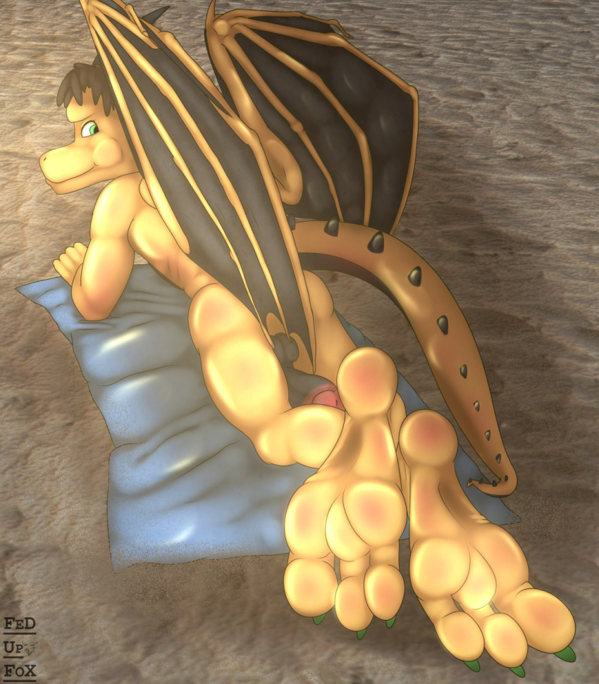 3_toes anthro balls beach big_feet big_penis blush brown_hair claws dragon fedupfox feet foot_focus genitals hair hi_res lying male on_front penis reptile sand scalie seaside solo spikes toe_claws toes towel wings yellow_body