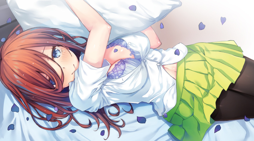 1girl bed black_legwear blue_eyes bra breasts brown_hair cleavage facing_viewer go-toubun_no_hanayome green_skirt hair_between_eyes highres holding kazumasa lace lace_bra large_breasts long_hair looking_at_viewer lying midriff nakano_miku navel on_side open_clothes open_shirt pillow pleated_skirt purple_bra school_uniform shirt short_sleeves skirt smile solo unbuttoned unbuttoned_shirt underwear uniform upper_body white_shirt
