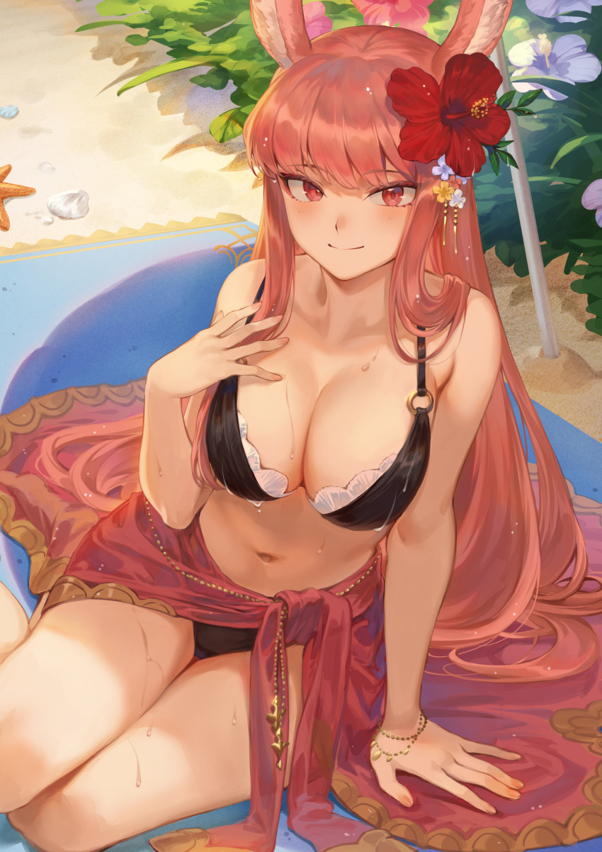 afk_arena animal_ears bangs bare_shoulders bare_thighs bikini black_bikini blush breasts character_request cleavage collarbone eyebrows eyebrows_visible_through_hair flower hair_flower hair_ornament hand_on_own_chest highres large_breasts looking_at_viewer mashuu_(neko_no_oyashiro) red_eyes red_hair sitting smile swimsuit