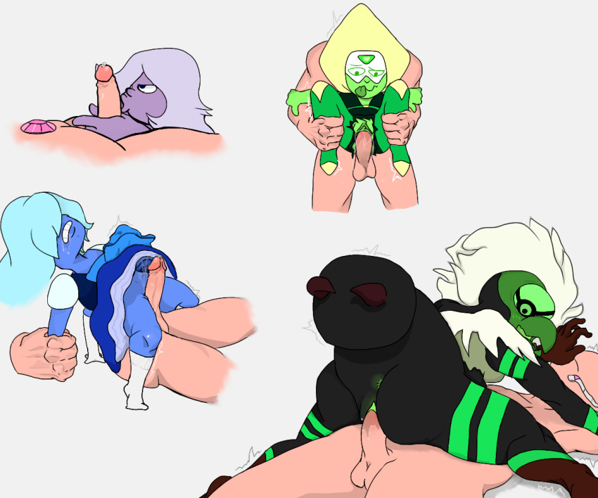 1_eye 2020 alien alien_humanoid amethyst_(steven_universe) animal_humanoid arthropod arthropod_humanoid beak bodily_fluids cartoon_network centipeetle clothing erection fellatio female gem_(species) genitals hair hair_over_eyes human humanoid insect insect_humanoid interspecies male male/female male_penetrating mammal not_furry oral penetration penile penis peridot_(steven_universe) posnno purple_body purple_skin pussy saliva sapphire_(steven_universe) sex simple_background steven_quartz_universe steven_universe tongue vaginal vaginal_penetration