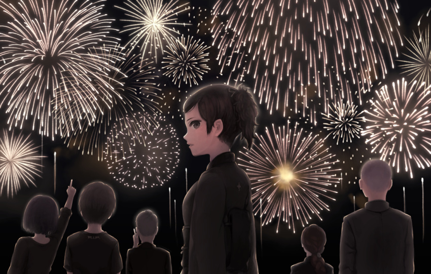 2girls 3boys black_hair buzz_cut commentary dress facing_away fireworks funeral funeral_dress funeral_kimono japanese_clothes kimono long_hair looking_at_viewer multiple_boys multiple_girls obi original pointing ponytail sash short_hair yajirushi_(chanoma)