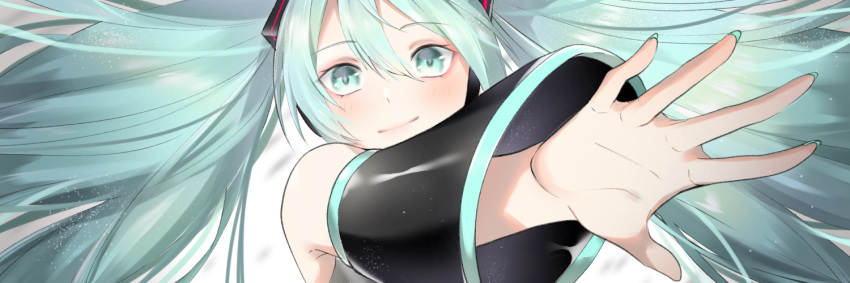 1girl aqua_eyes aqua_hair aqua_nails armpit_crease bare_shoulders blurry blurry_background blush close-up closed_mouth detached_sleeves dot_nose eyebrows_visible_through_hair eyelashes face fingernails floating_hair grey_shirt hair_between_eyes hand_up hatsune_miku ikura_(user_uuyj7743) light_particles light_smile long_hair looking_at_viewer palms shaded_face shiny shiny_hair shirt sidelocks simple_background sleeveless sleeveless_shirt solo straight_hair tareme twintails upper_body very_long_hair vocaloid white_background