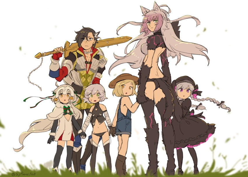 1boy 5girls agrius_metamorphosis ahoge animal_ears asaya_minoru atalanta_(alter)_(fate) atalanta_(fate) bandaged_arm bandaged_hands bandages bangs bare_arms bare_shoulders bell beret black_bow black_dress black_footwear black_gloves black_hair black_headwear black_legwear black_panties black_pants black_shirt blurry blurry_foreground boots bow braid brown_eyes brown_footwear brown_gloves brown_hair capelet character_request commentary_request depth_of_field dress elbow_gloves eyebrows_visible_through_hair facial_scar fate/extra fate/grand_order fate_(series) fingerless_gloves floating_hair fur-trimmed_capelet fur_trim gloves gothic_lolita green_bow green_eyes green_ribbon grey_hair hair_bow hat hat_bow headpiece holding holding_hands holding_sword holding_weapon jack_the_ripper_(fate/apocrypha) jeanne_d'arc_(fate)_(all) jeanne_d'arc_alter_santa_lily lolita_fashion long_hair multicolored_hair multiple_girls naked_overalls nursery_rhyme_(fate/extra) over_shoulder overall_shorts overalls panties pants pantyhose parted_bangs paul_bunyan_(fate/grand_order) puffy_short_sleeves puffy_sleeves purple_eyes red_gloves ribbon scar scar_on_cheek shirt short_sleeves single_glove sleeveless sleeveless_shirt standing streaked_hair striped striped_bow striped_ribbon sword sword_over_shoulder thigh_boots thighhighs twin_braids twintails twitter_username underwear very_long_hair weapon weapon_over_shoulder white_background white_capelet white_dress
