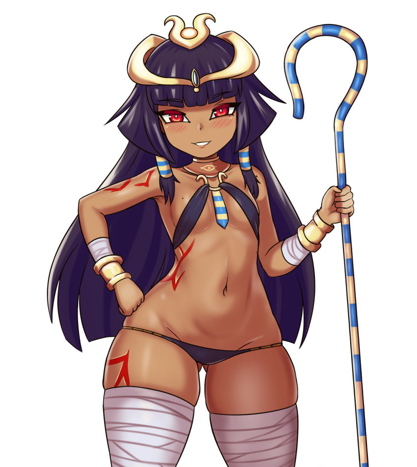 1girl alternate_breast_size ass_visible_through_thighs bandaged_leg bandages bangs bare_shoulders black_hair black_panties blunt_bangs bracelet breasts commentary cowboy_shot dark_skin egyptian eyebrows_visible_through_hair groin hair_tubes hand_on_hip highres jewelry long_hair looking_at_viewer mole mole_on_breast mole_on_shoulder mole_under_eye monster_girl_encyclopedia nav navel panties parted_lips pharaoh_(monster_girl_encyclopedia) red_eyes simple_background small_breasts smile solo staff stomach tattoo thick_thighs thighs tiara underwear very_long_hair white_background wrist_wrap younger