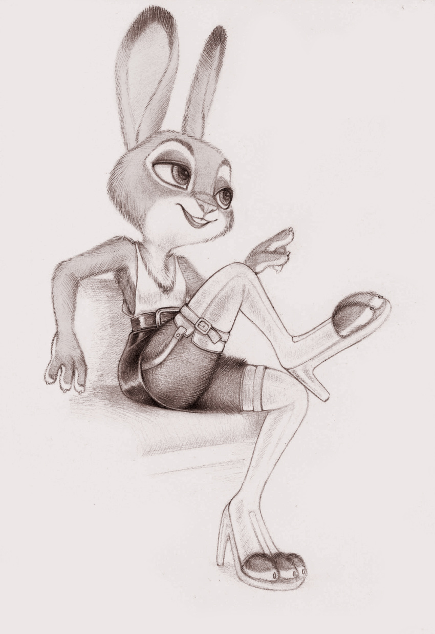 3_toes 4_fingers anthro belt boots bottomwear buckteeth claws clothing crossed_legs dipstick_ears disney female fingers footwear fuchs fur gesture half-closed_eyes hi_res high_heeled_boots judy_hopps lagomorph legwear leporid mammal miniskirt monochrome multicolored_body multicolored_ears multicolored_fur narrowed_eyes open_mouth open_smile pointing rabbit simple_background sitting sketch skirt smile solo teeth thigh_boots thigh_highs toeless_boots toes topwear traditional_media_(artwork) white_clothing white_topwear zootopia