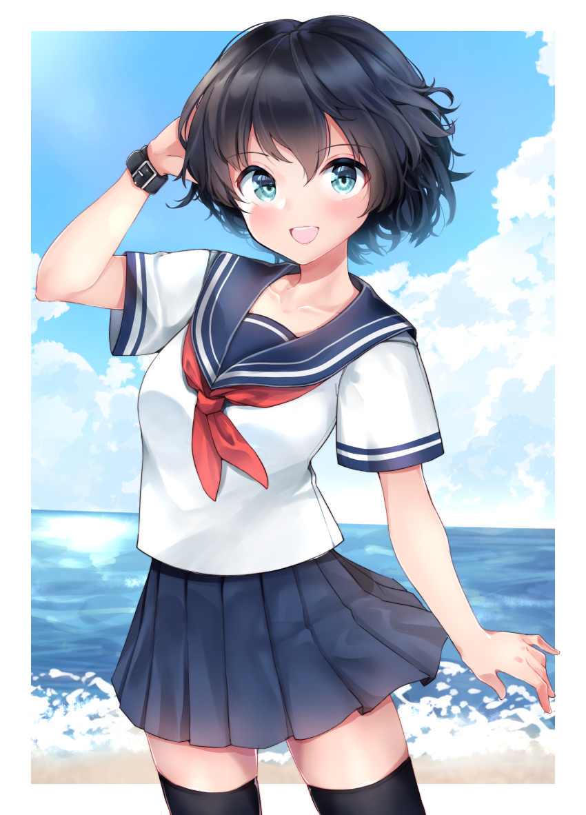 1girl absurdres alternate_costume bangs beach black_hair black_legwear blouse blue_eyes blue_sailor_collar blue_skirt blue_sky cloud cloudy_sky commentary cowboy_shot day eyebrows_visible_through_hair hand_in_hair highres kaban_(kemono_friends) kemono_friends kinou_no_shika looking_at_viewer miniskirt neckerchief ocean open_mouth outdoors outside_border pleated_skirt red_neckwear sailor_collar school_uniform serafuku short_hair short_sleeves skirt sky smile solo standing thighhighs watch white_blouse wristwatch