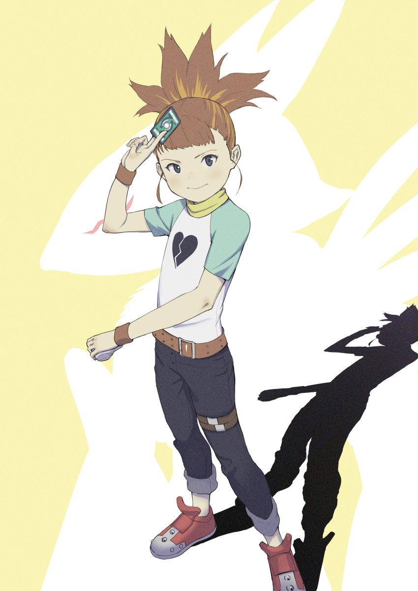 1girl absurdres bangs belt blue_eyes broken_heart_print brown_hair card digimon digimon_tamers digivice full_body fumikz highres looking_at_viewer makino_ruki raglan_sleeves renamon shadow solo spiked_hair wristband