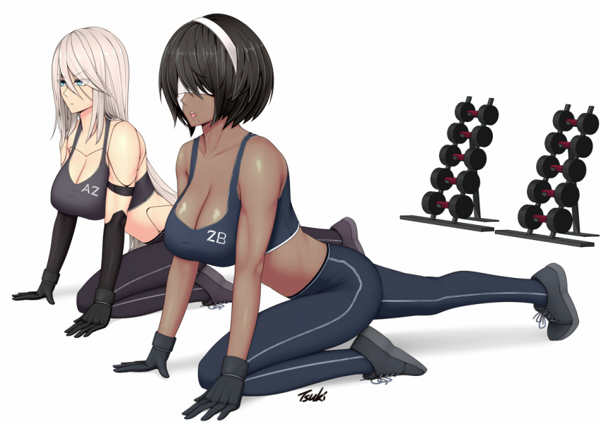 2girls android black_footwear black_hair black_pants blindfold blue_eyes blue_pants breasts dark_skin determined exercise expressionless headband large_breasts long_hair mole mole_under_mouth multiple_girls nier_(series) nier_automata pants ryu_seung shoes short_hair sneakers thighs weights white_background white_blindfold white_hair white_headband yoga_pants yorha_no._2_type_p yorha_type_a_no._2