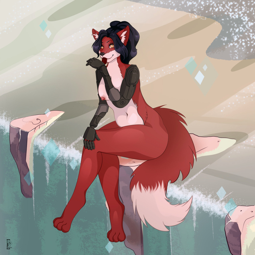1:1 amber_eyes amputee anthro belly black_hair canid canine disability ear_tuft evalensy female fluffy fluffy_tail fox fur hair hand_lick hi_res mammal navel nipples nude prosthetic prosthetic_arm prosthetic_limb red_body red_fox red_fur red_nipples solo thick_thighs tuft waterfall white_belly white_body white_breasts white_fur zoey_lavender