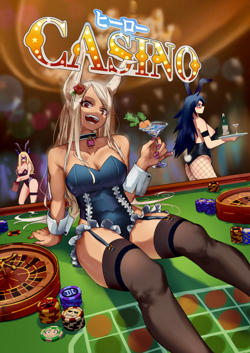 3girls absurdres animal_ears arm_strap bangs bennopi black_hair black_legwear blonde_hair blue_eyes boku_no_hero_academia bottle breasts bunny_ears bunny_girl bunny_tail bunnysuit carrot casino choker cleavage cocktail_glass collarbone covered_navel cup dark_skin domino_mask drinking_glass fishnet_legwear fishnets flower frilled_leotard frills garter_straps hair_flower hair_ornament highres holding holding_cup horns huge_filesize large_breasts leotard lock long_eyelashes long_hair looking_at_viewer mask midnight_(boku_no_hero_academia) mirko mount_lady multiple_girls nail_polish navel open_mouth parted_bangs poker_chip purple_nails rabbit_girl red_eyes roulette_table sitting smile spiked_hair superhero tail thigh_strap thighhighs thighs tray white_hair wrist_cuffs