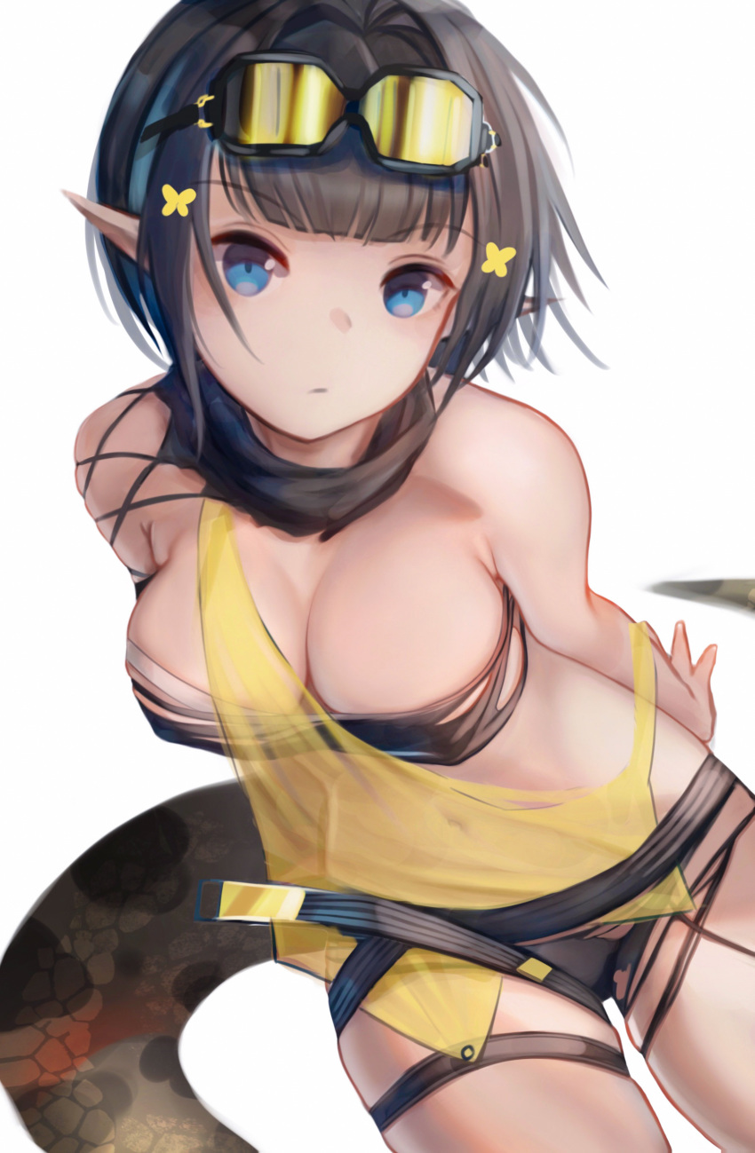 1girl absurdres arknights bandeau bangs bare_shoulders black_hair black_panties black_scarf blue_eyes blunt_bangs chinese_commentary commentary_request cowboy_shot eunectes_(arknights) eyebrows_visible_through_hair goggles goggles_on_head highres laozhanshi looking_at_viewer panties partial_commentary pointy_ears revision scarf see-through short_hair simple_background snake_tail solo strapless tail thigh_strap thighs torn_clothes tubetop underwear white_background