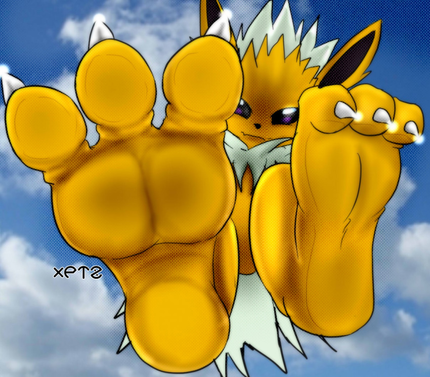 3_toes alternate_version_at_source ambiguous_gender anthro barefoot black_inner_ear claws eeveelution fangs feet foot_focus fur jolteon long_ears looking_down multicolored_body multicolored_fur nintendo no_sclera paws pok&eacute;mon pok&eacute;mon_(species) signature sky soles toe_claws toes tuft video_games white_body white_fur xptzstudios yellow_body yellow_fur